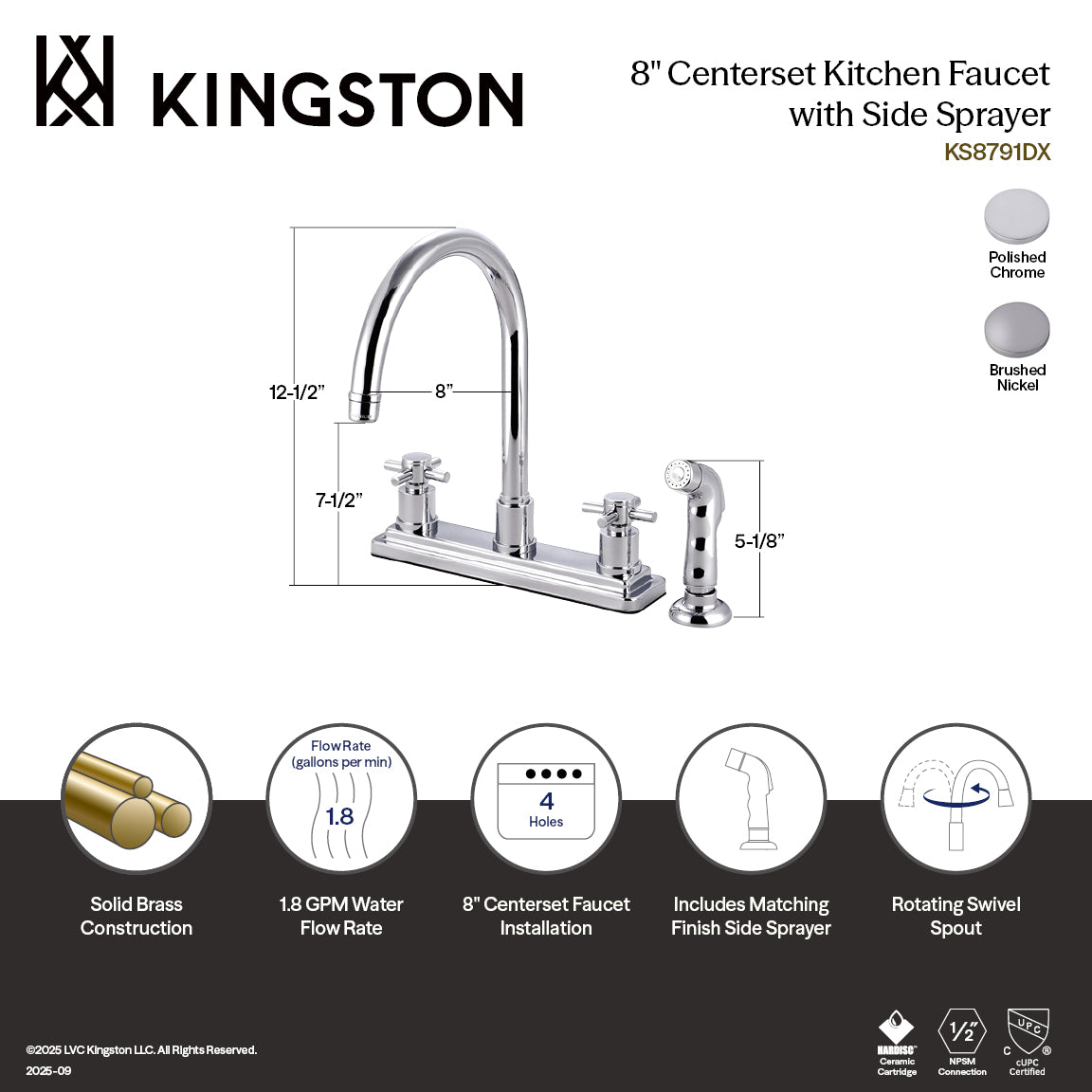 Kingston Sona KS8791DX - Concord Two-Handle 4-Hole 8" Centerset Kitchen Faucet with Side Sprayer, Polished Chrome — thumbnail 2